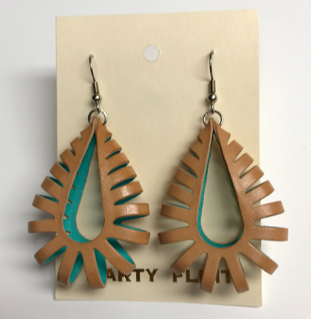 Katy style leather earrings natural brown outside turquoise inside