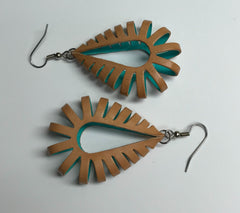 Katy style leather earrings natural brown outside turquoise inside